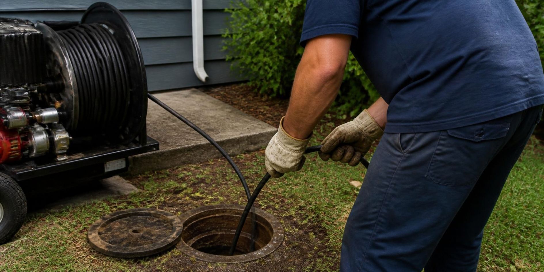 Plumber feeding a drain cleaning reel into a cleanout