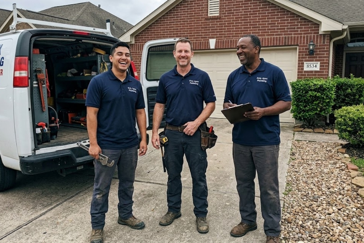 Katy Apex Plumbing technicians standing by their service van in a Katy, TX neighborhood