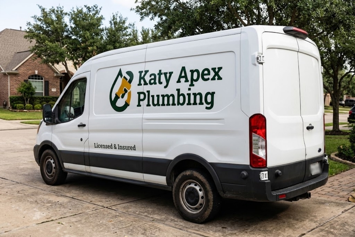Katy Apex Plumbing branded service van parked in a Katy, TX neighborhood