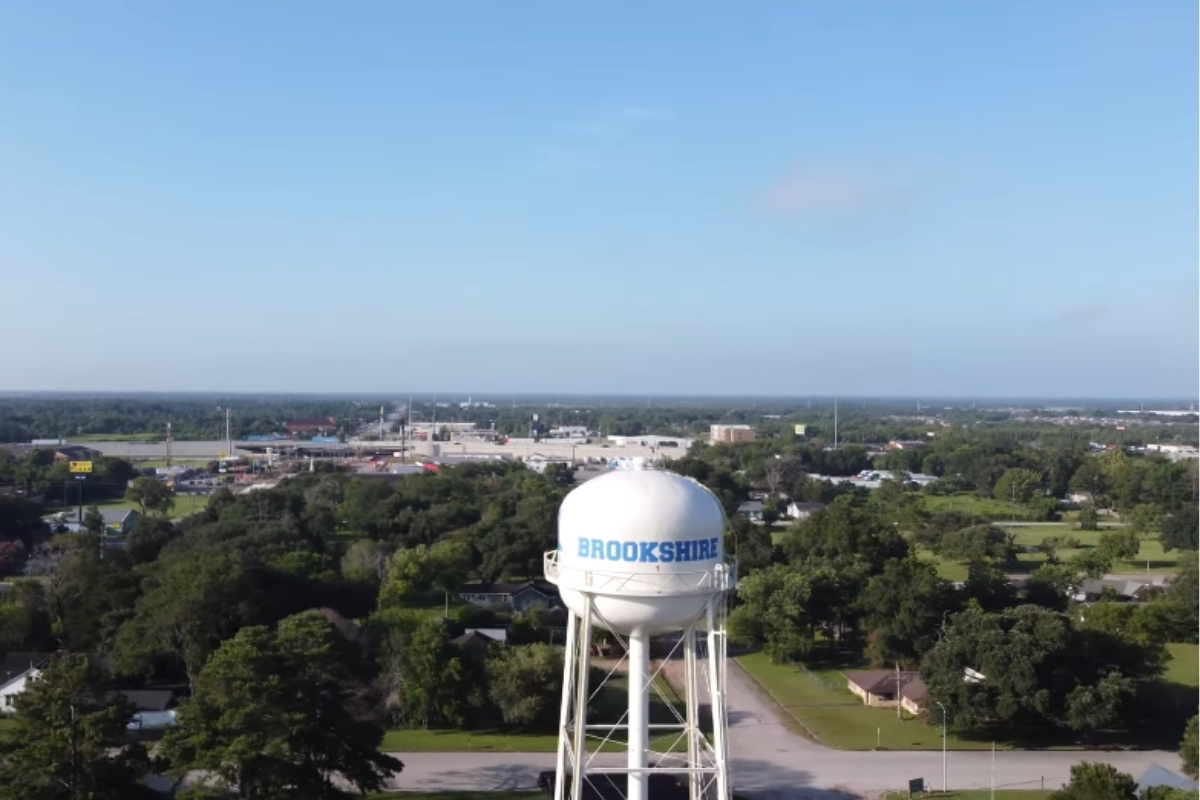The Brookshire, TX water tower, a local landmark visible across town.