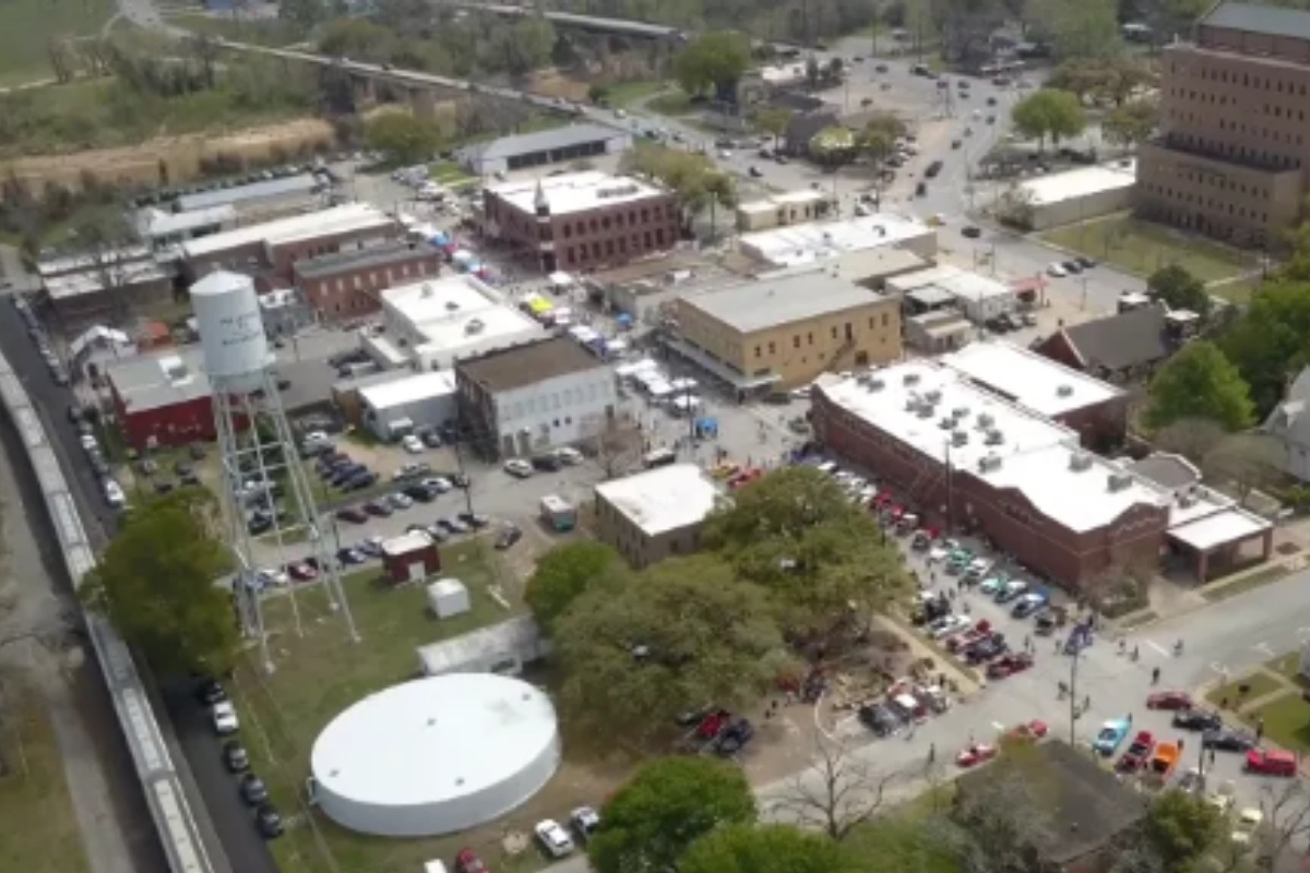 An aerial view of historic downtown Richmond, TX.