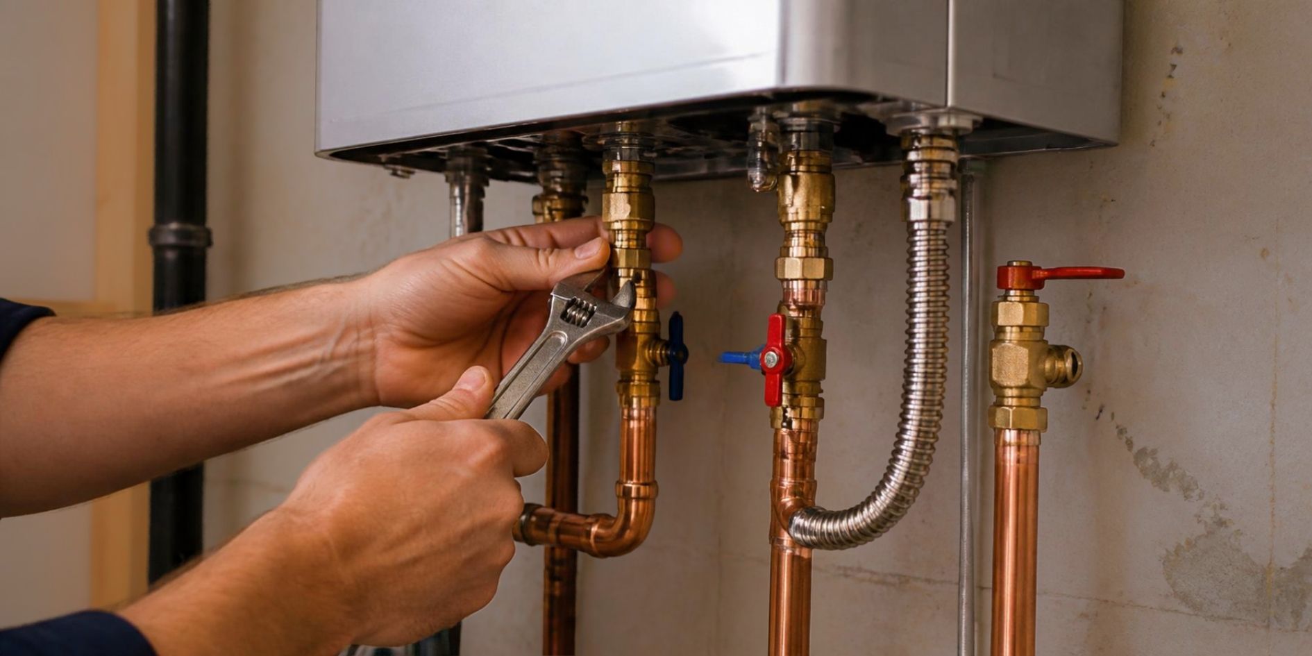 Close-up of a tankless water heater installation with copper piping